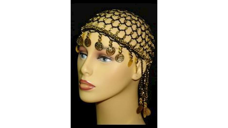 Black Head Piece w/ Metallic Gold Coins/ Beaded{he