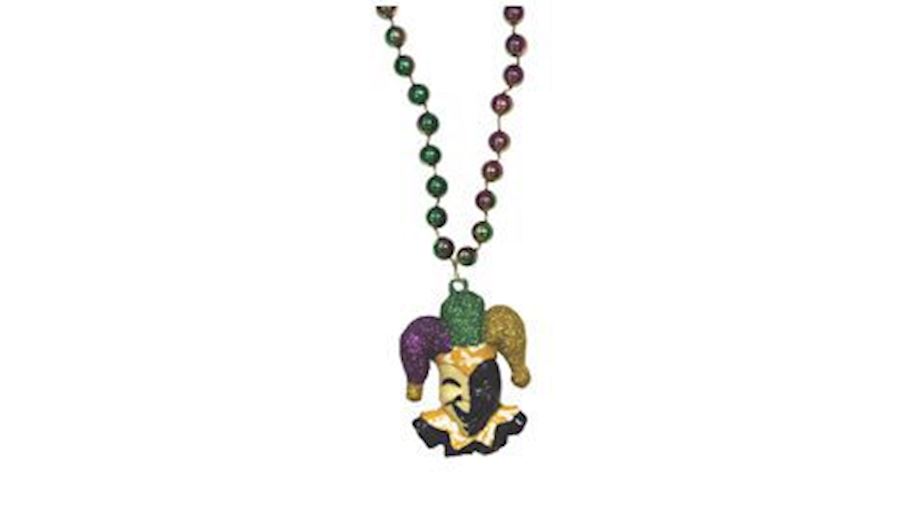 36in 10mm Mardi Gras Tricolor Necklace with Jester