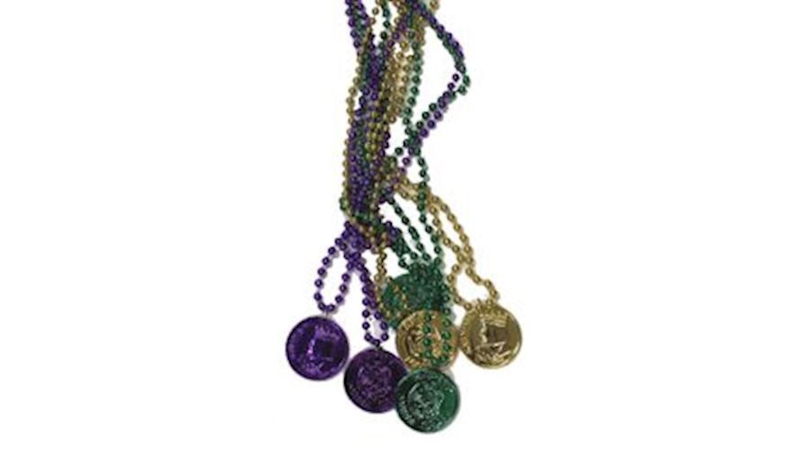 33in 7mm Purple, Green, Gold Beads with 2in Mardi 